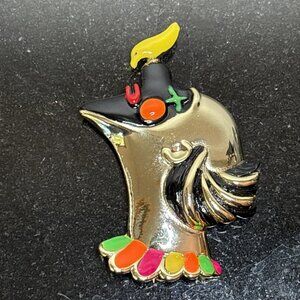 Vtg AJC Enamel Clown Brooch Pin Gold Tone Bird 70s 80s Pierrot Mime Harlequin